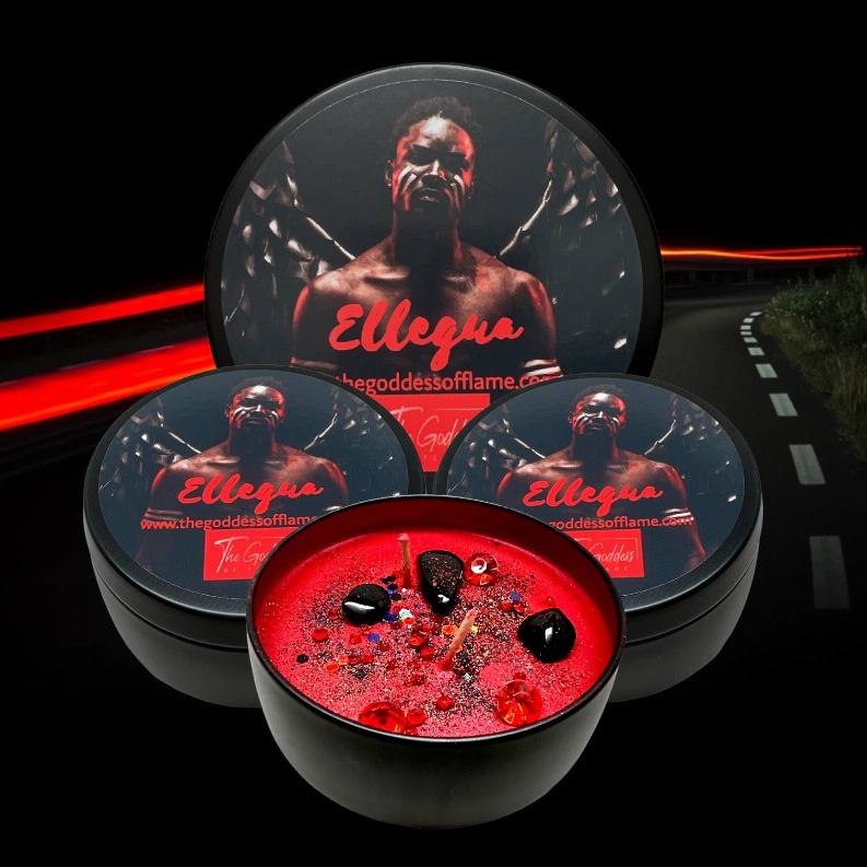 Three Ellegua candle tins stacked, black lids with printed Ellegua figures