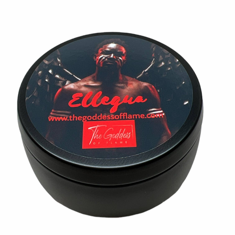 Ellegua spiritual offering candle tin with printed Ellegua logo on black lid