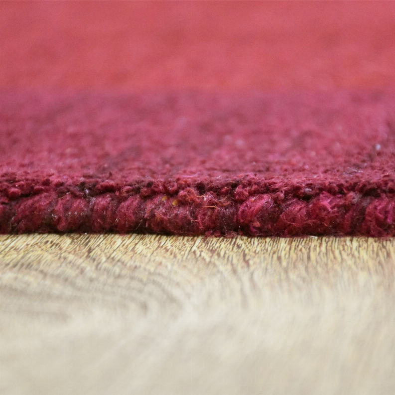 Burgundy shag area rug edge detail with dense fibers and fringe border.