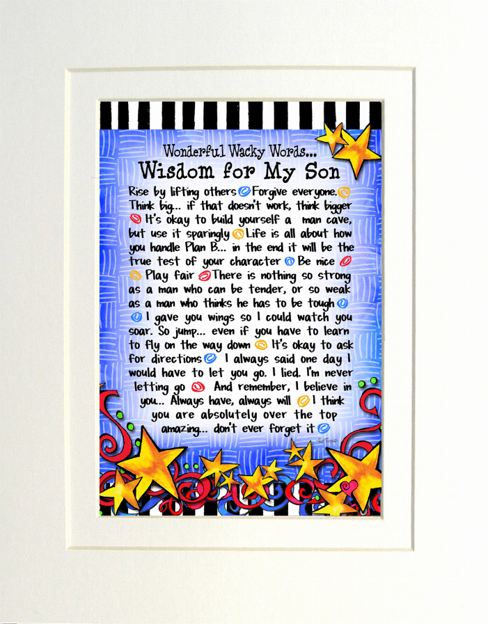 Framed quote art print featuring 'Wisdom for My Son' with star border and blue accents.