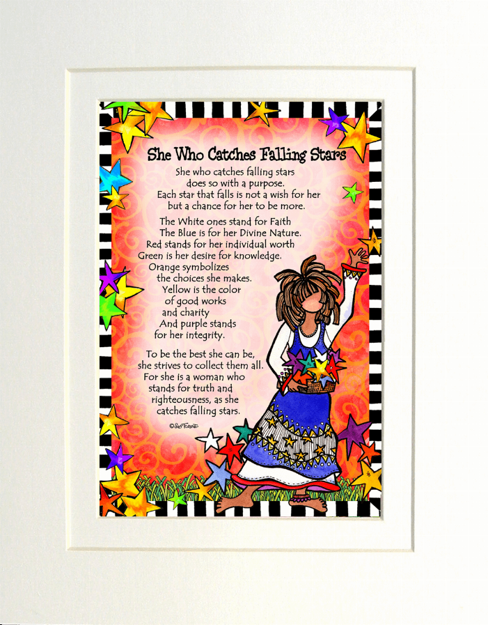 Framed wall art print with girl in blue dress and rainbow star accents.
