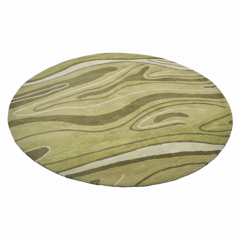 Round wool area rug with abstract olive-green swirls and light beige lines.