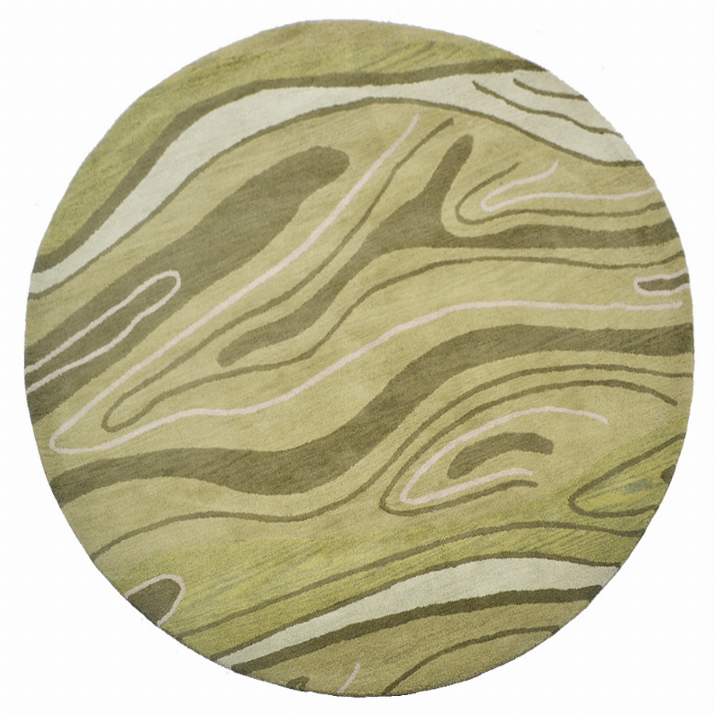 Round wool area rug with abstract olive and brown wavy bands and beige highlights.