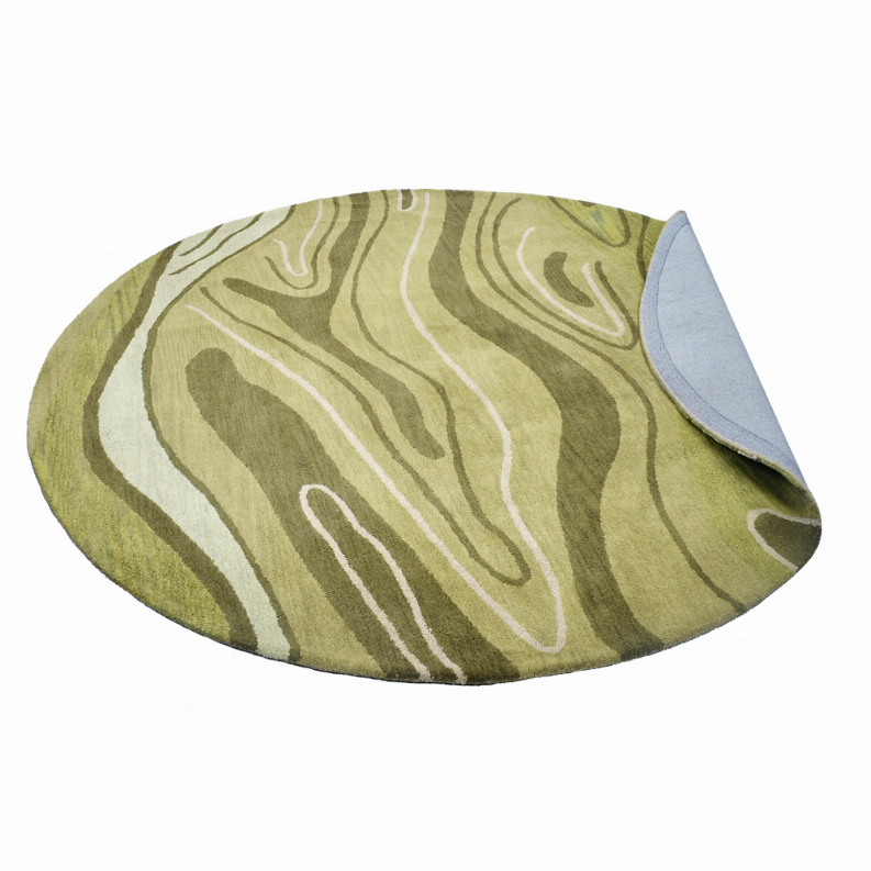 Round wool area rug with abstract olive and beige wavy pattern; corner lifted from surface.