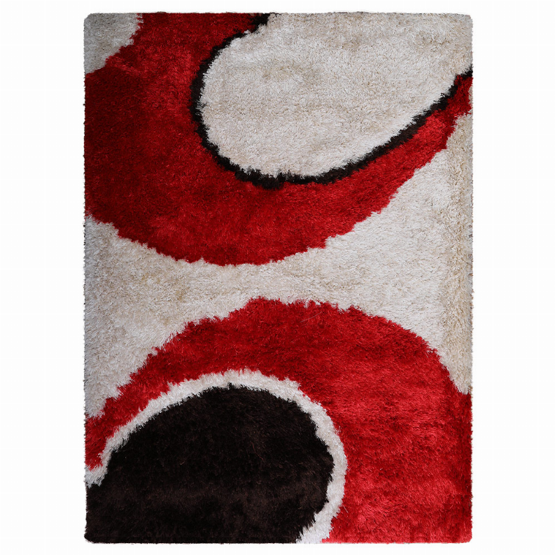 Shag area rug with red and black curved shapes on cream field