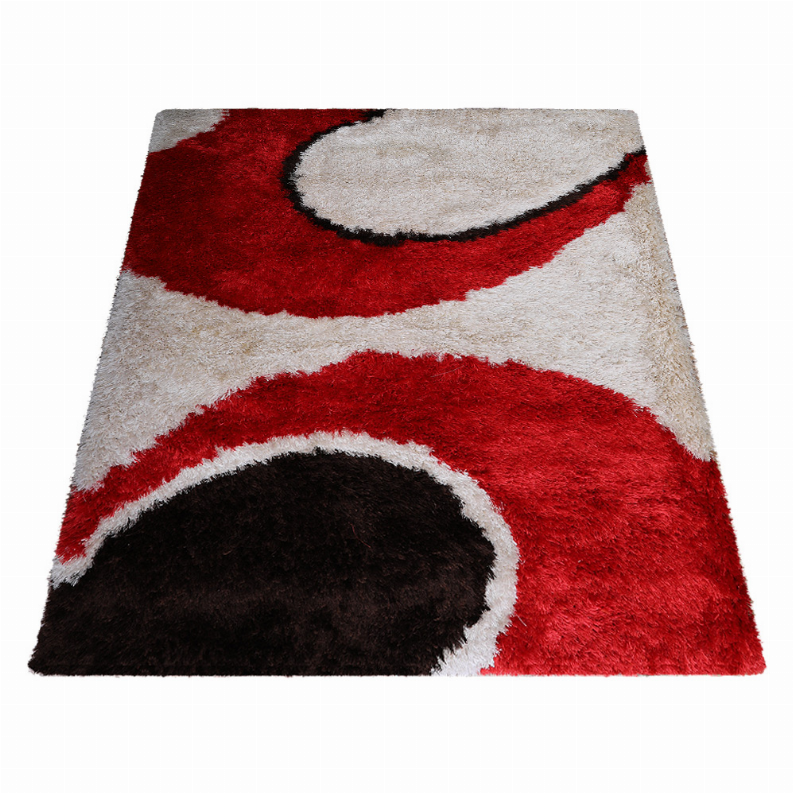 Rectangular shag area rug with red, black, and cream layered arch pattern