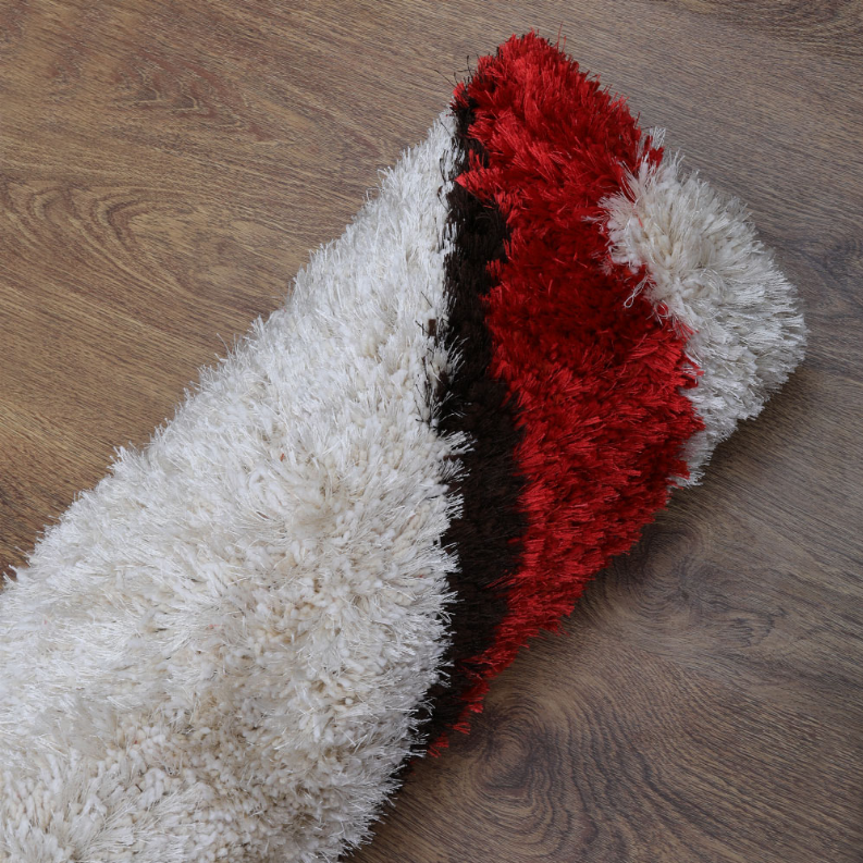 Shag area rug with white and red diagonal panel, black border, textured pile