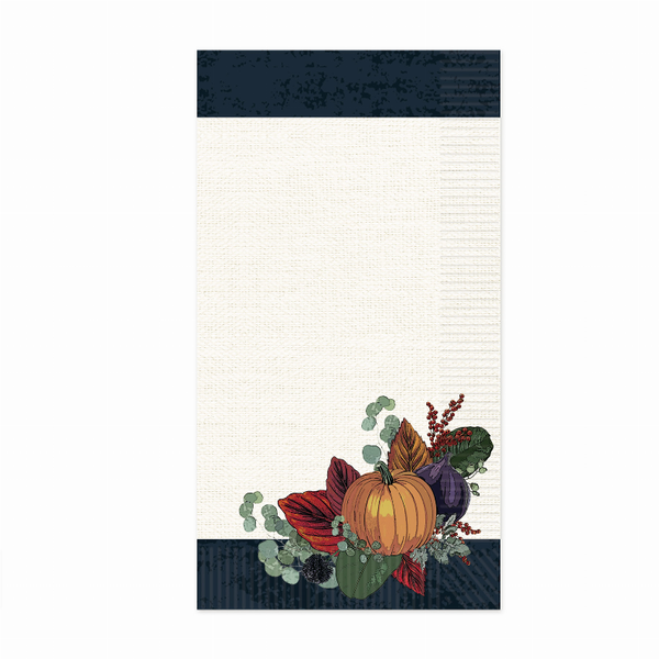 Thanksgiving guest towel, cream with dark border and pumpkin fall foliage graphic