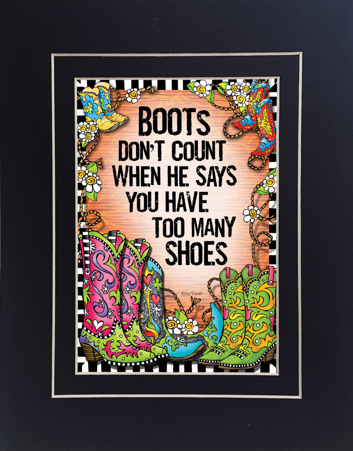 Framed colorful boots quote wall art with ornate patterns and text about too many shoes
