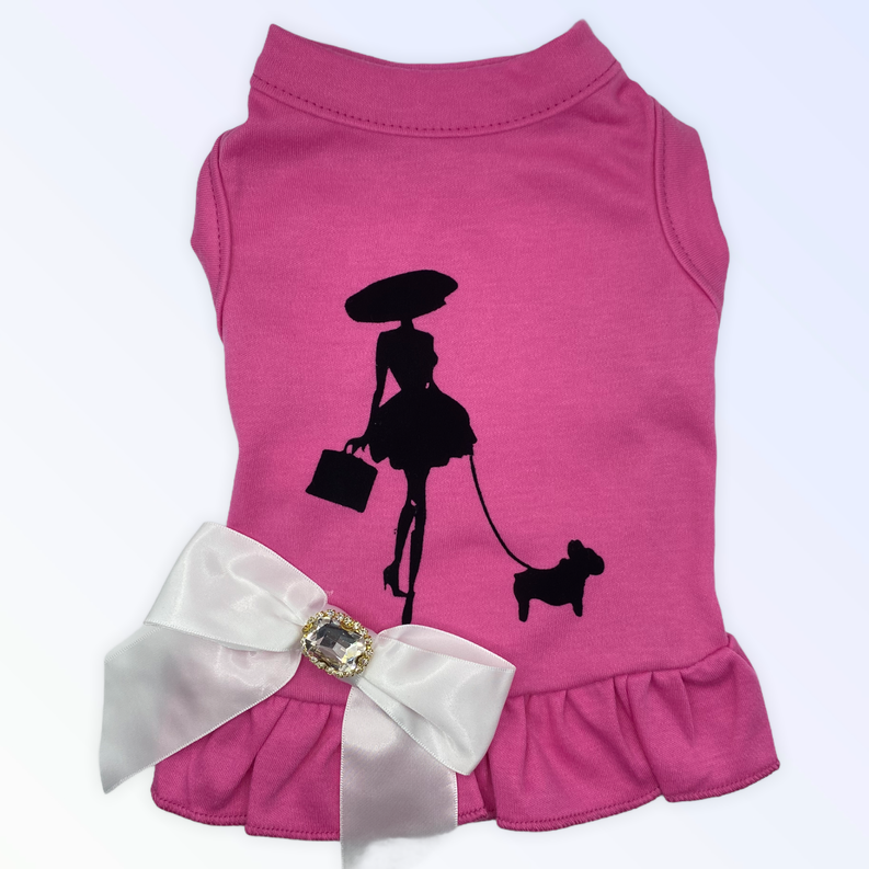 Hot pink dog shirt with black Frenchie silhouette and silver bow hem
