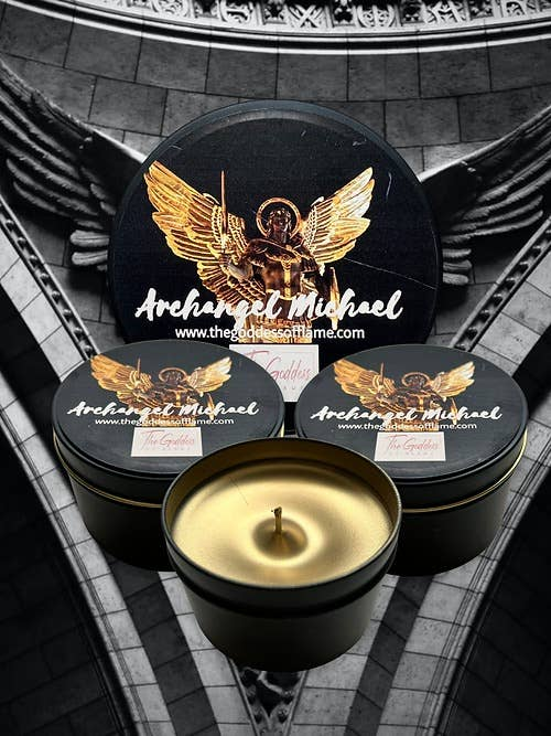 Archangel Michael candle set, three black lids with gold angel wings; open gold candle