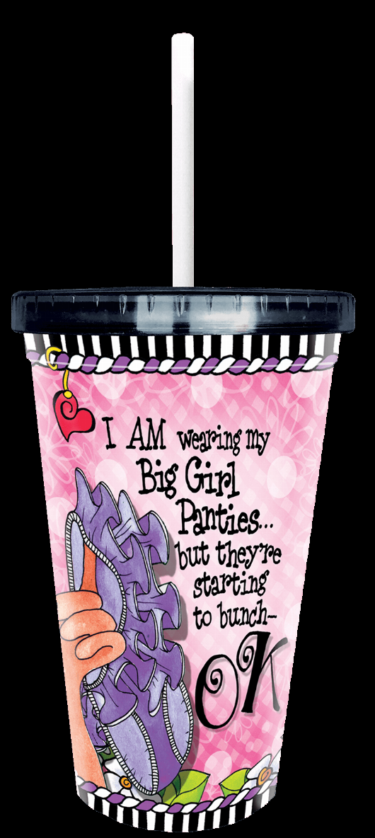 Lidded paper cup with straw, pink comic graphic, black striped rim and lid.