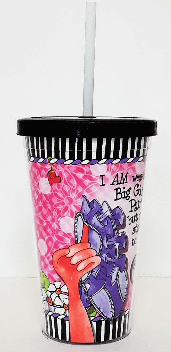 Lidded paper cup with straw, pink patterned graphic and character illustration, black lid.