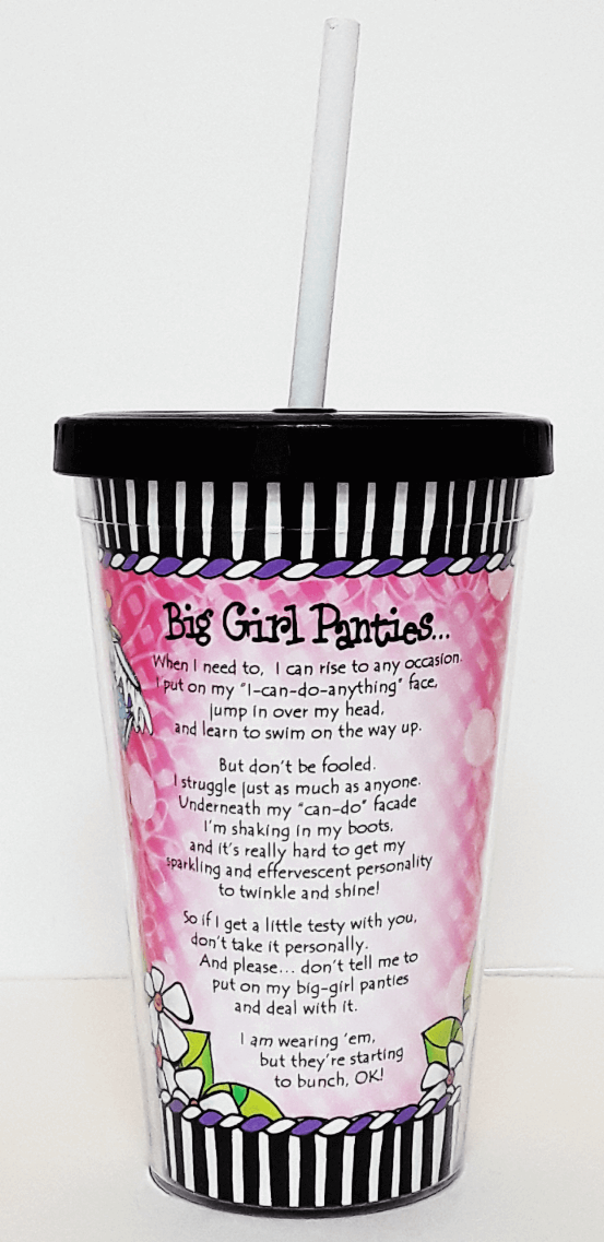 Lidded paper cup with straw, pink graphic with printed quote on back, black lid.