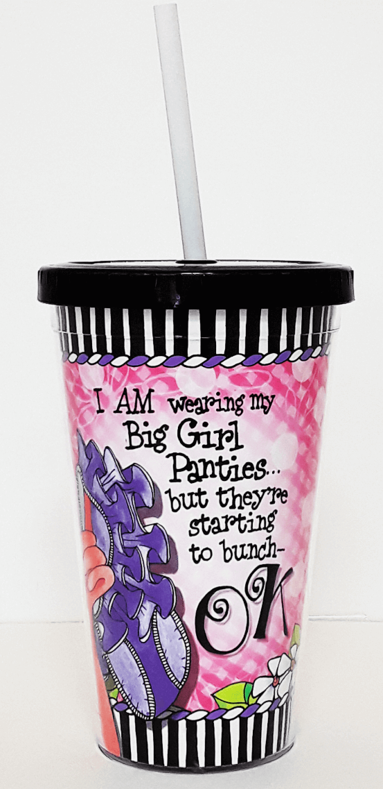 Lidded paper cup with straw, pink character graphic and large “OK” text, black striped lid.