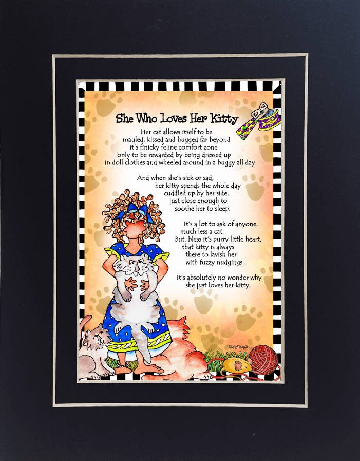 Framed print with black-and-white check border, blue-and-white cat and illustrated poem