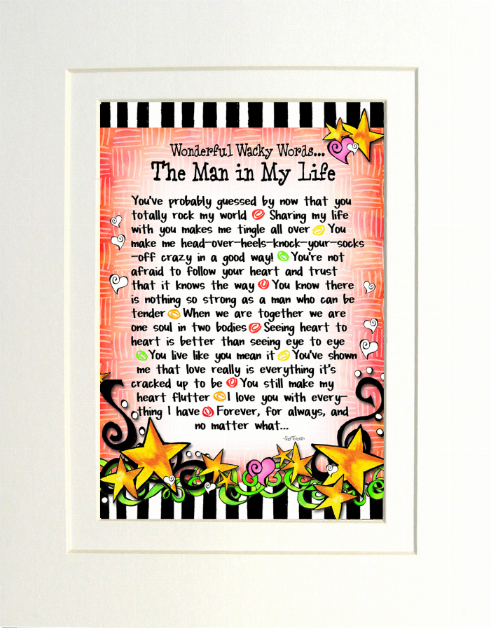 Framed quote artwork featuring striped backdrop, hearts, and bright star accents