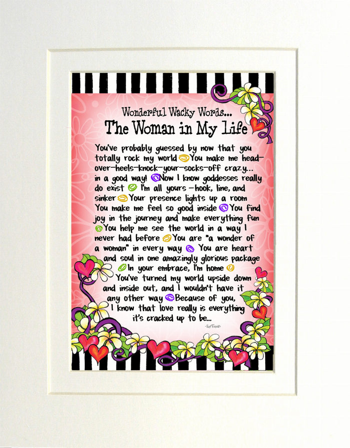 White-framed quote art print “The Woman in My Life” with floral heart accents