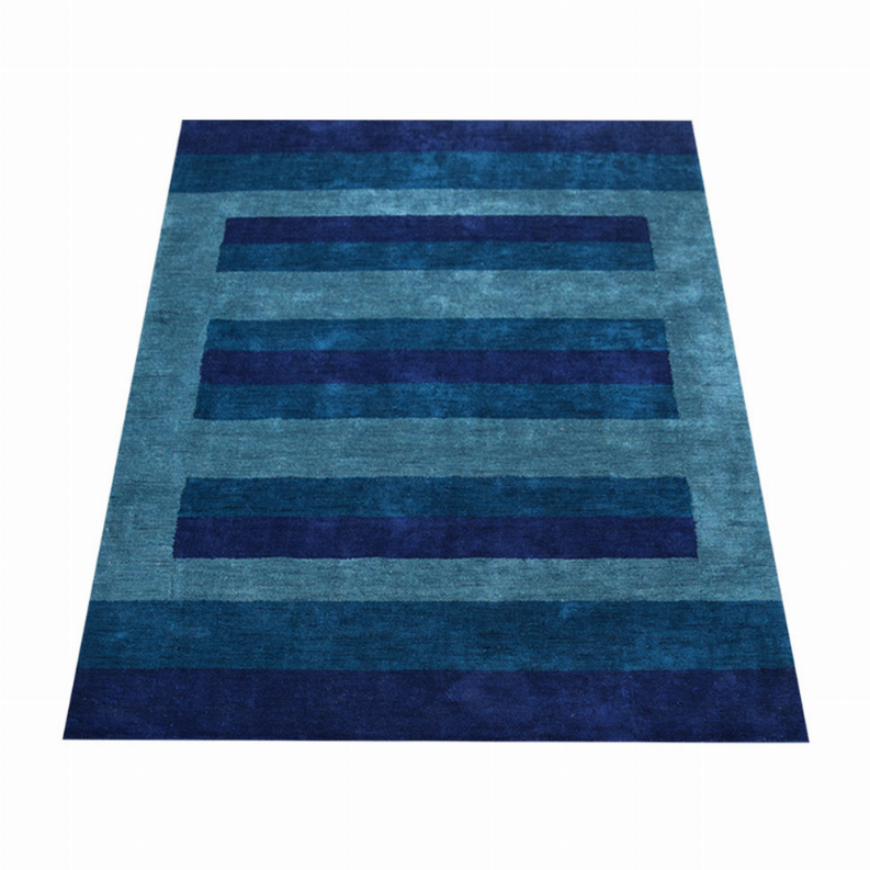 Hand-knotted silk blend area rug, wide layout with horizontal stripe bands in teal and dark blue