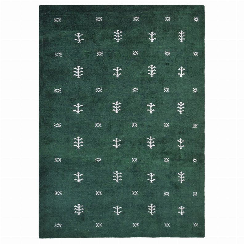 Rectangular green area rug with grid of white branch-like motifs