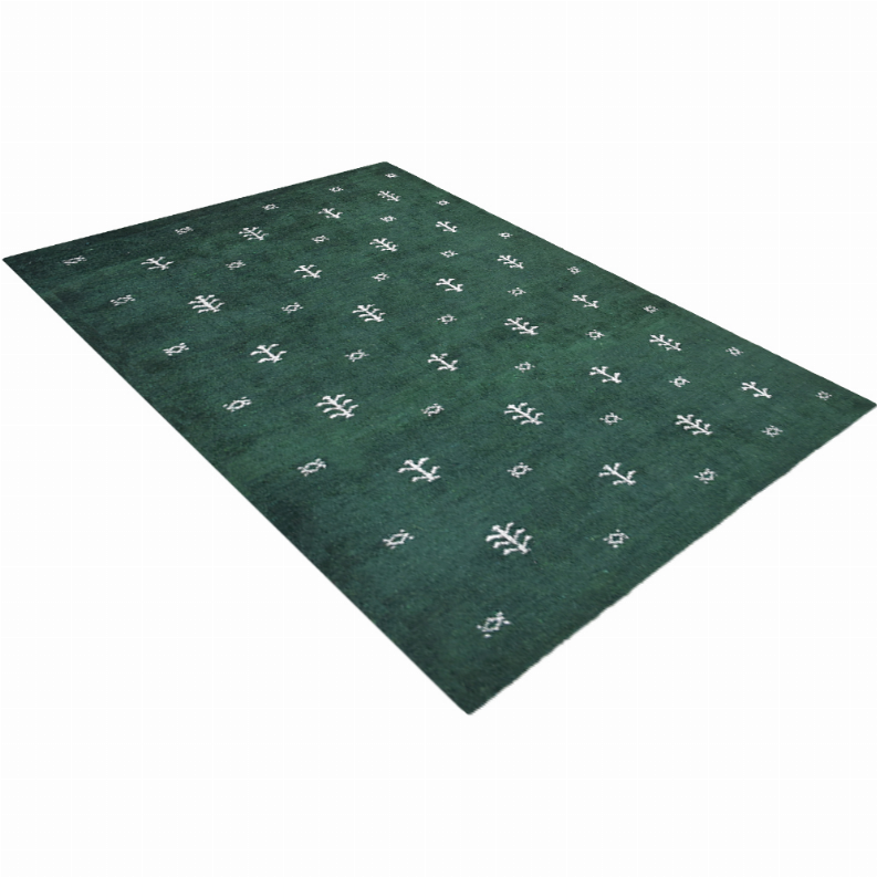 Green area rug with scattered white motif design on flat woven surface