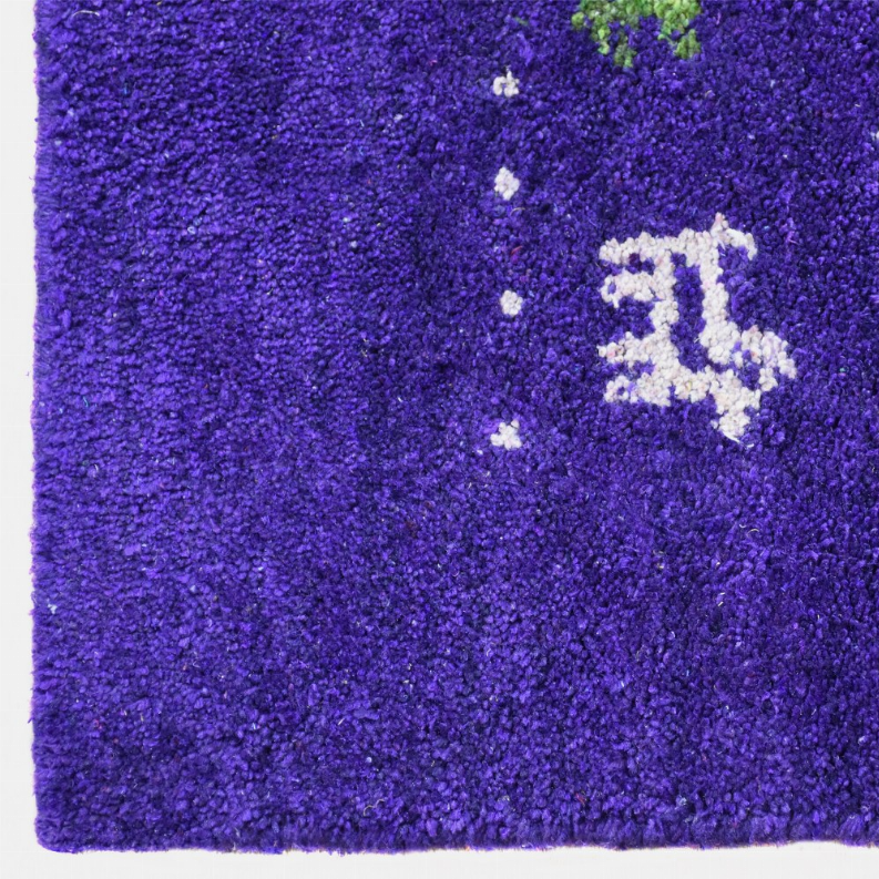 Hand-knotted silk mix area rug, deep purple with white and green geometric motif
