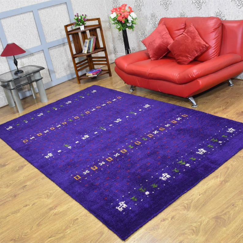 Hand-knotted silk mix area rug, deep purple with scattered multicolor geometric motifs