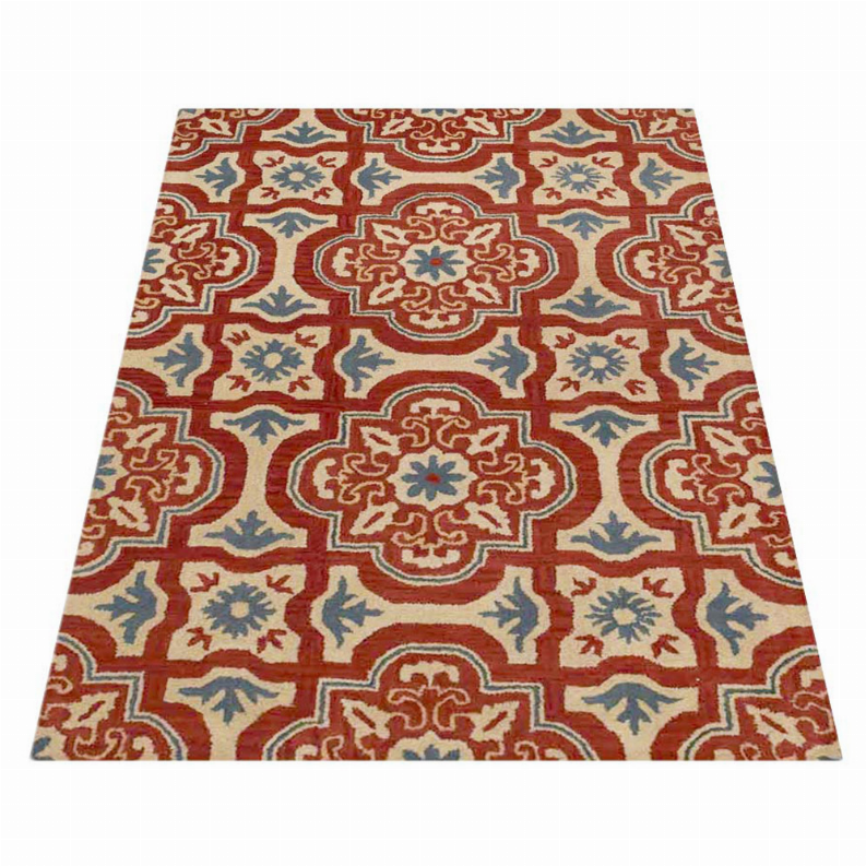 Floral area rug featuring red medallions and blue accents on cream ground