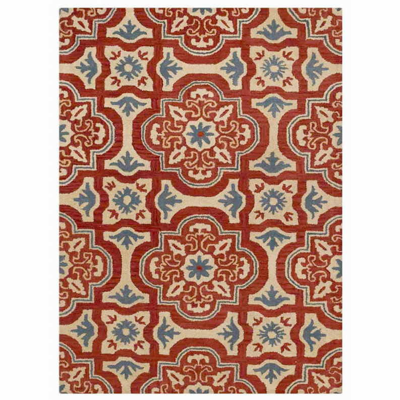 Floral area rug with grid layout of medallions in red, blue, and cream