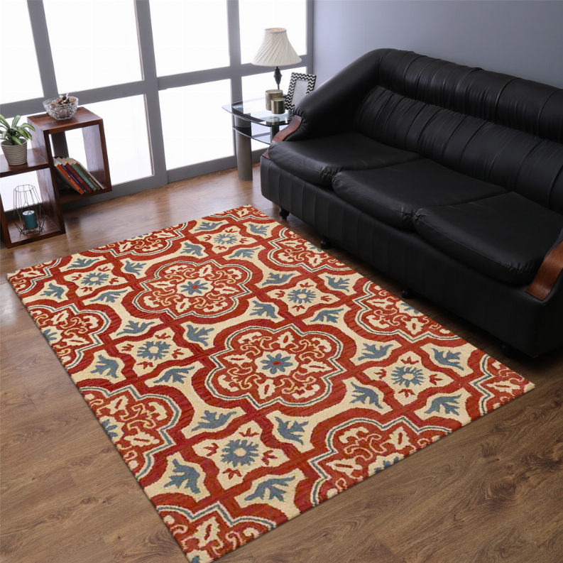 Floral medallion area rug with red, blue, and cream repeating geometric motifs