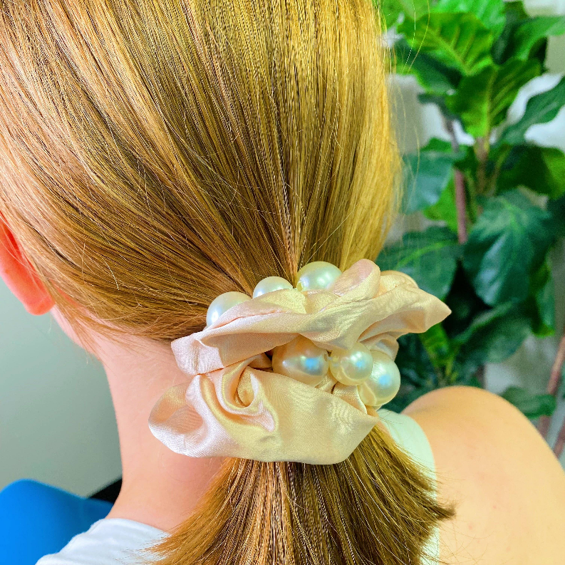 Pearl and satin scrunchie set: pale satin scrunchie with layered pearls