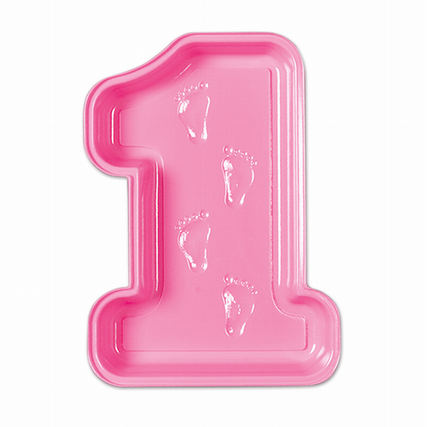 Pink plastic number 1 baby 1st birthday tray with footprint decals