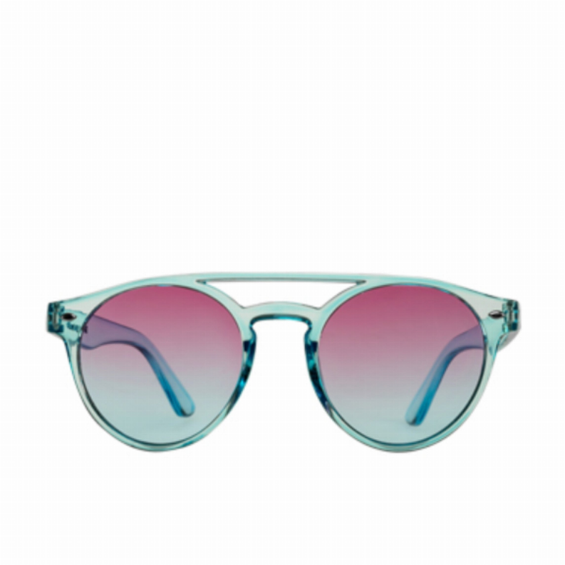 Round teal-framed sunglasses with mirrored pink gradient lenses