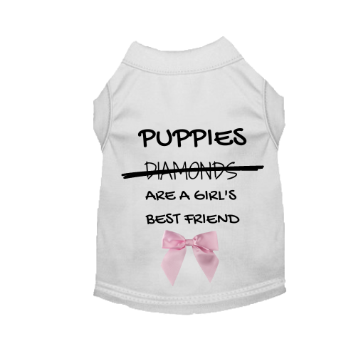 White dog shirt with black Puppies graphic and pink bow at center
