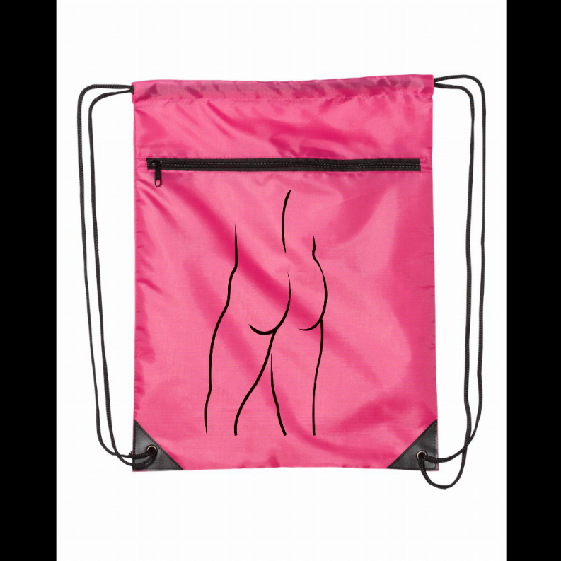 Pink drawstring bag with black front zipper and cord handles, black torso print