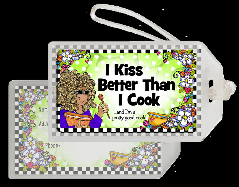 Bag tag front panel with printed “I Kiss Better Than I Cook” and floral checkered trim