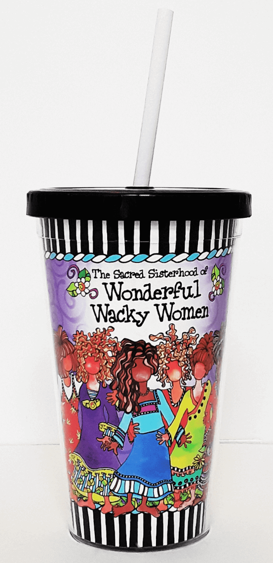Purple printed plastic drinking cup with black striped rim and white straw