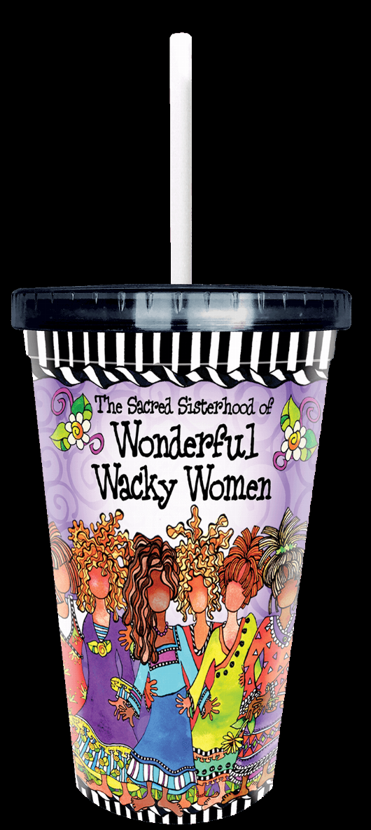 Purple printed plastic drinking cup with clear lid, black rim, and white straw