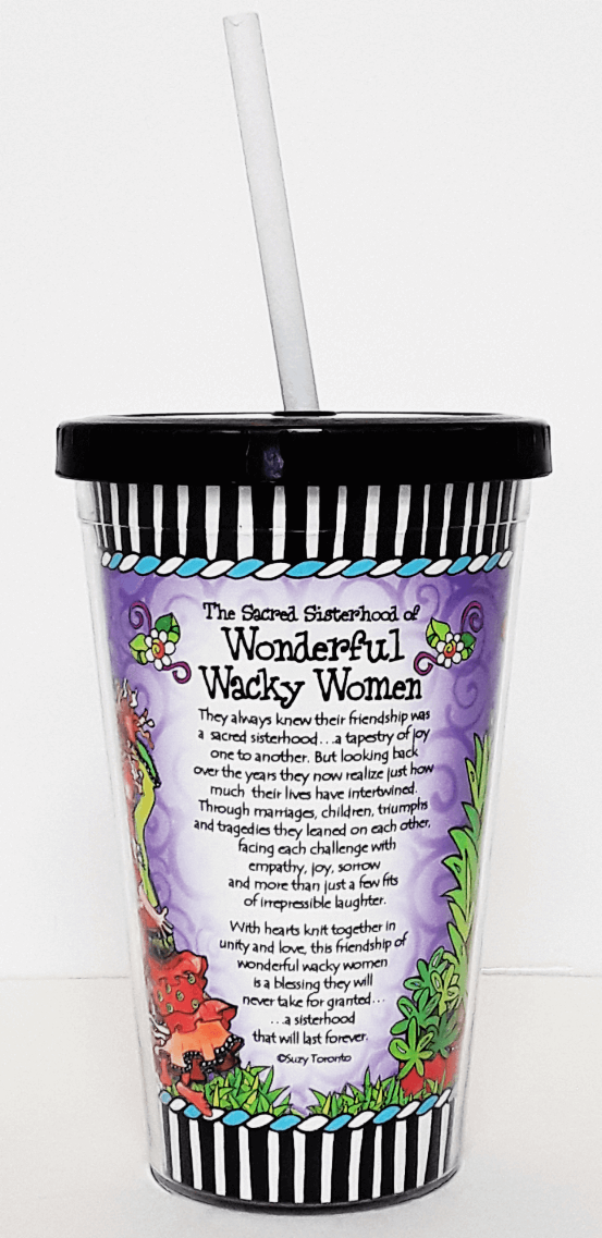 Purple printed plastic drinking cup with black striped rim, white straw, and text