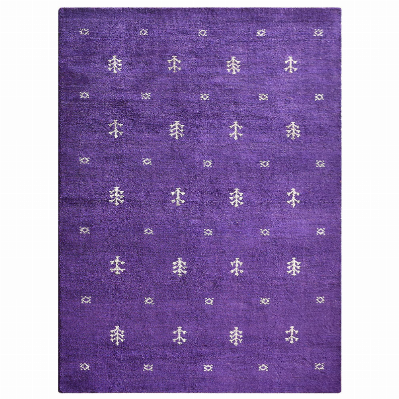 Purple hand-knotted area rug with repeating white geometric tree motifs