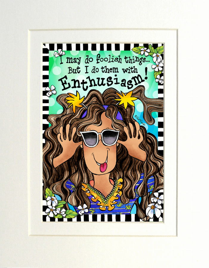 Framed cartoon portrait print with curly hair, sunglasses, flowers, striped border
