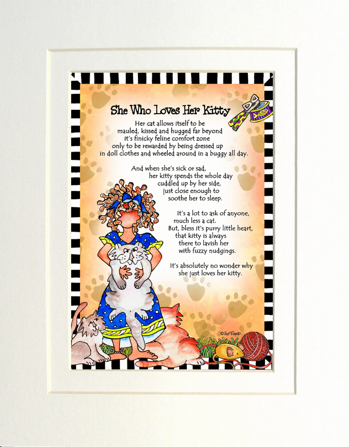 Framed love-themed cartoon quote print with colorful character and pets