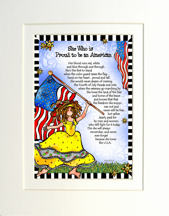 Patriotic wall art print with woman holding American flag and poem text