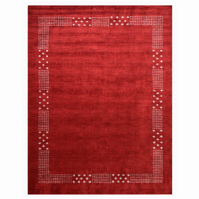 Red area rug front view with white geometric square border details