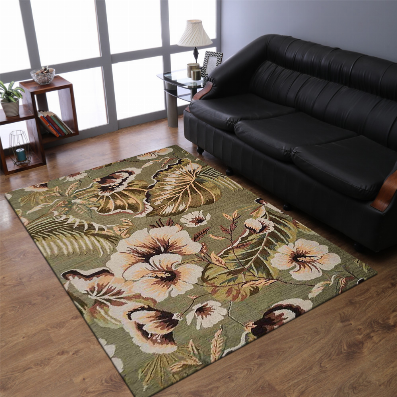 Floral wool area rug featuring cream blossoms and leafy vines on olive green