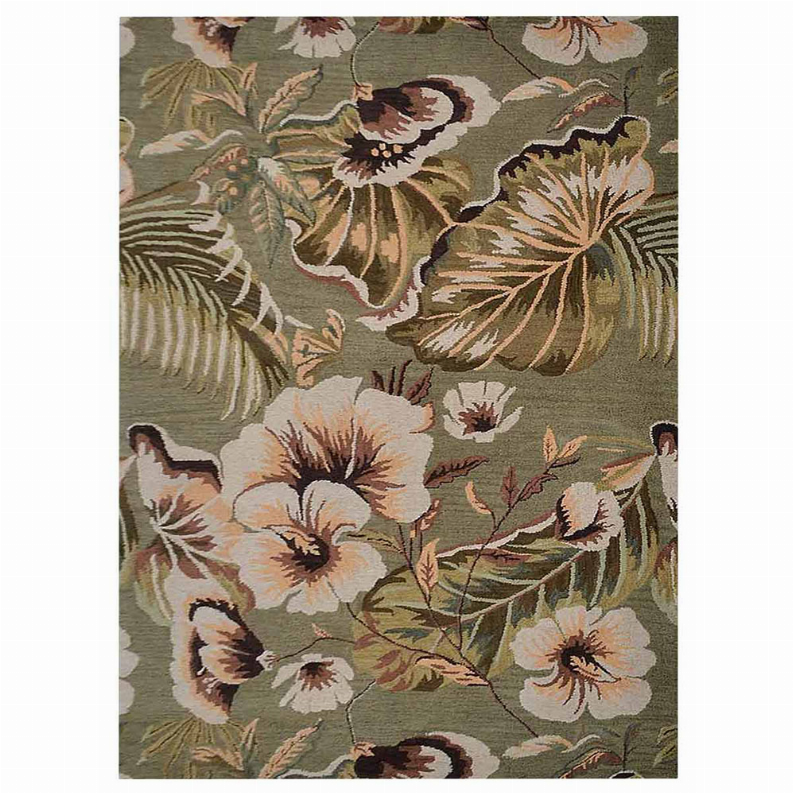 Hand-tufted wool floral area rug with cream flowers and green leaves on olive ground