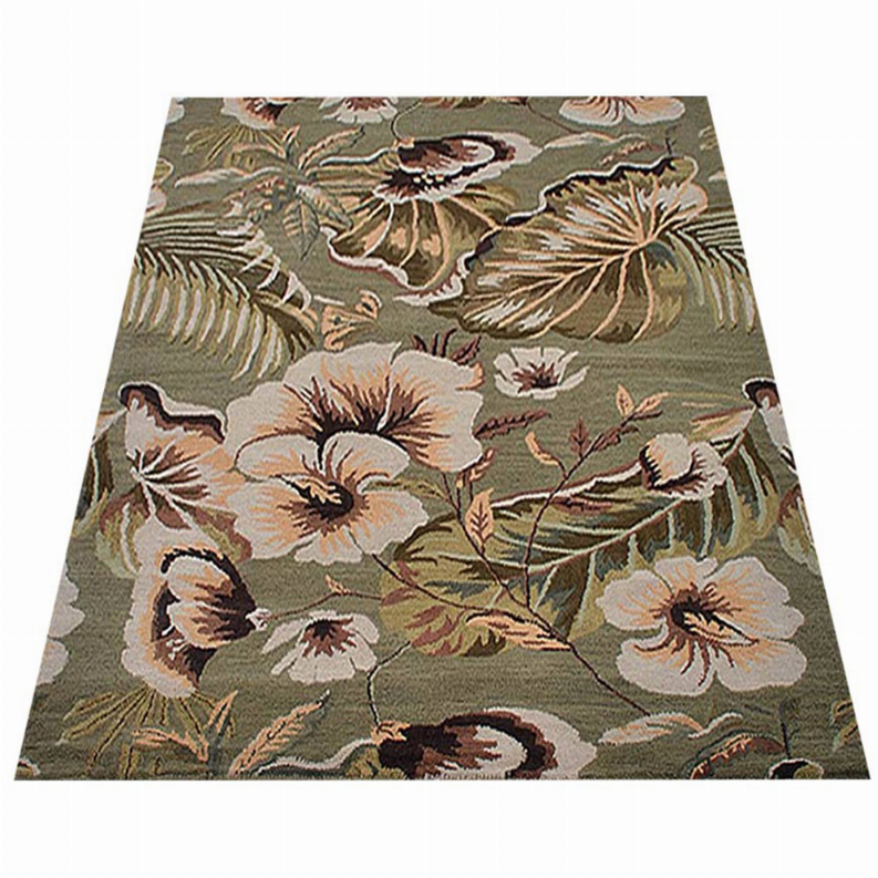 Floral wool area rug with cream blossoms, brown details, and olive background