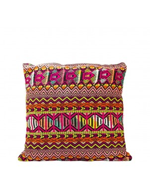 Multicolor geometric cushion cover with multicolor motifs and woven-style border