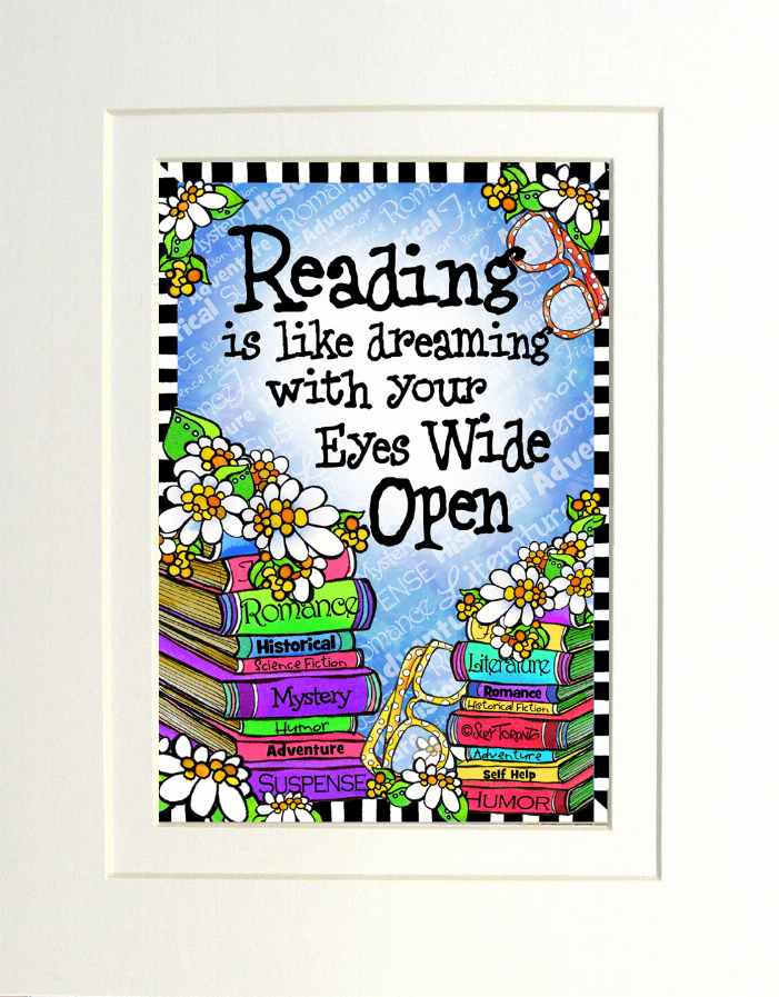 Framed reading quote poster with colorful books, flowers, and illustrated text