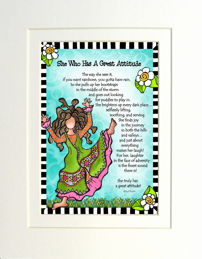 Colorful framed artwork featuring a whimsical character with striped border accents